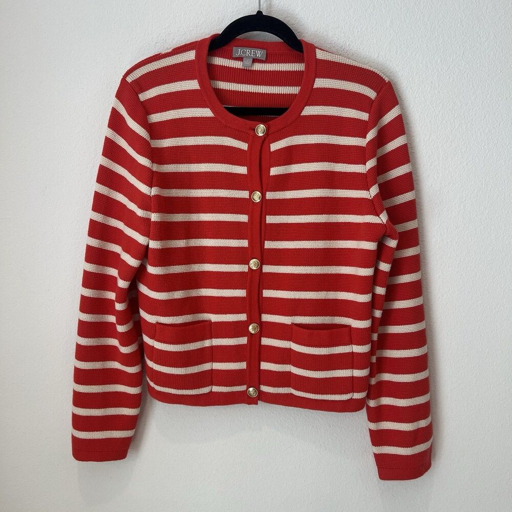 J Crew Cardigan Emilie Lady Sweater Jacket Moroccan Red & Sand Cream Large - Picture 2 of 8
